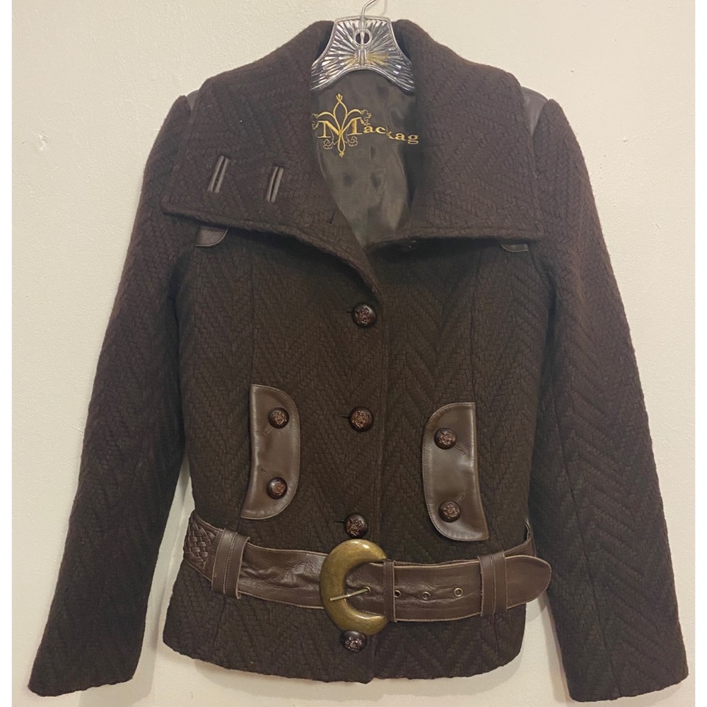 Mackage Brown Wool Coat w Leather Detailing & Belt